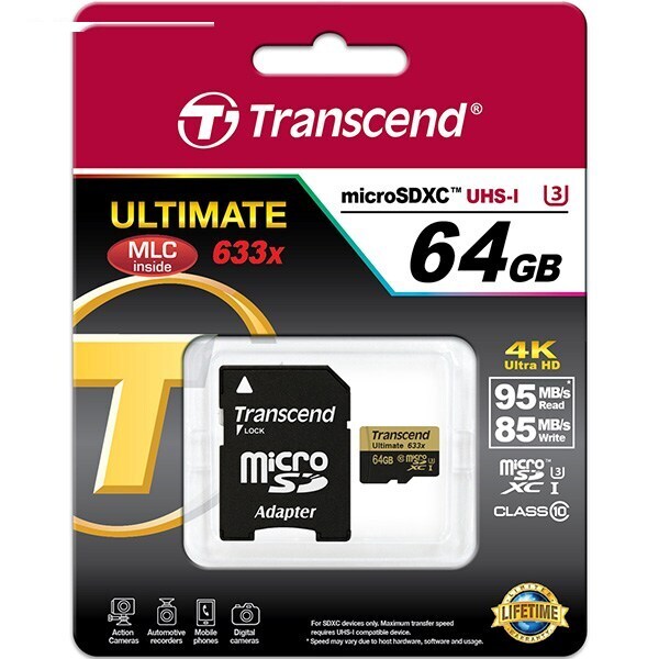 کارت حافظه microSDXC ترنسند مدل Ultimate کلاس 10 استاندارد UHS-I U3 سرعت 95MBps 633X همراه با آداپتور SD ظرفیت 64 گیگابایت کارت حافظه microSDXC ترنسند مدل Ultimate کلاس 10 استاندارد UHS-I U3 سرعت 95MBps 633X همراه با آداپتور SD ظرفیت 64 گیگابایت