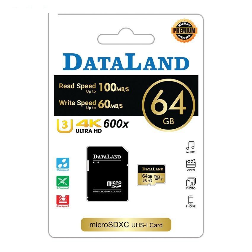 کارت حافظه دیتالند مدل 600x کلاس 10 استاندارد UHS-I U3 سرعت 100MBps ظرفیت 64 گیگابایت همراه با آداپتور SD کارت حافظه دیتالند مدل 600x کلاس 10 استاندارد UHS-I U3 سرعت 100MBps ظرفیت 64 گیگابایت همراه با آداپتور SD